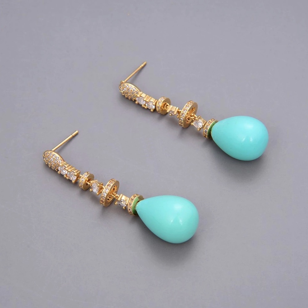 IRIS APFEL Teal Dangle Sea Blue Aquamarine Natural Stone Drop Long Earrings - Picture 7 of 13